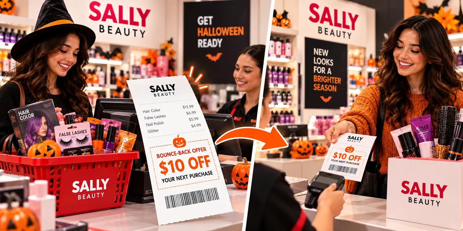 Sally Beauty Halloween receipt with a $10 off bounce-back coupon for the next purchase