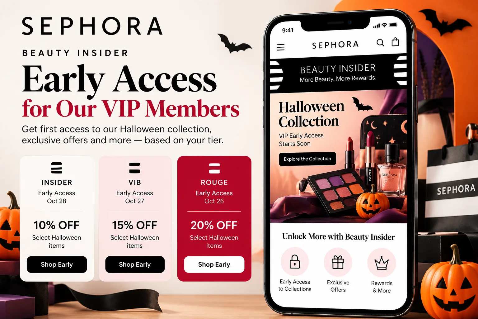 Sephora Beauty Insider tier-based early access to a Halloween collection for Rouge, VIB, and Insider members