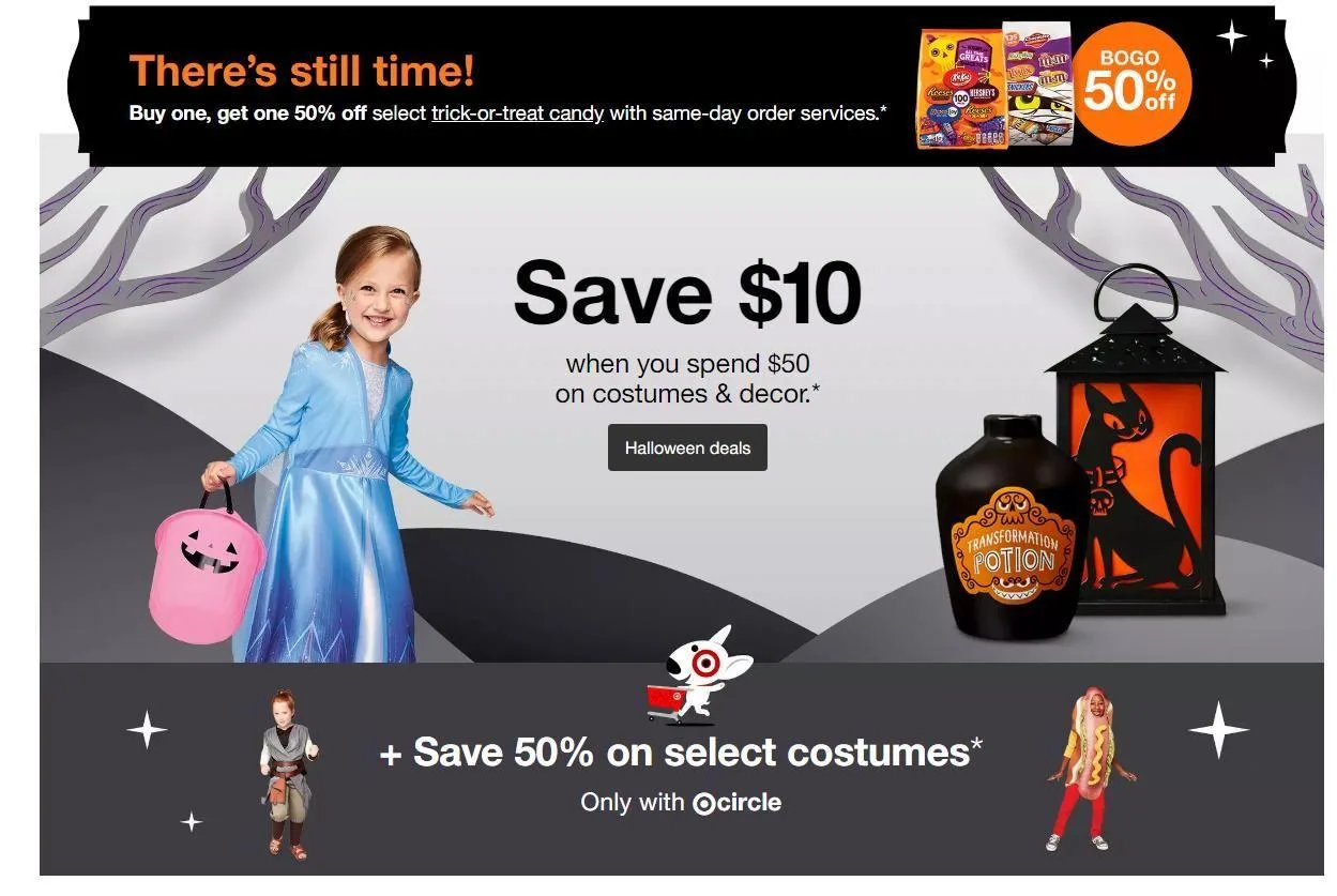 Target Halloween deals page with a buy one, get one 50% off offer on trick-or-treat candy