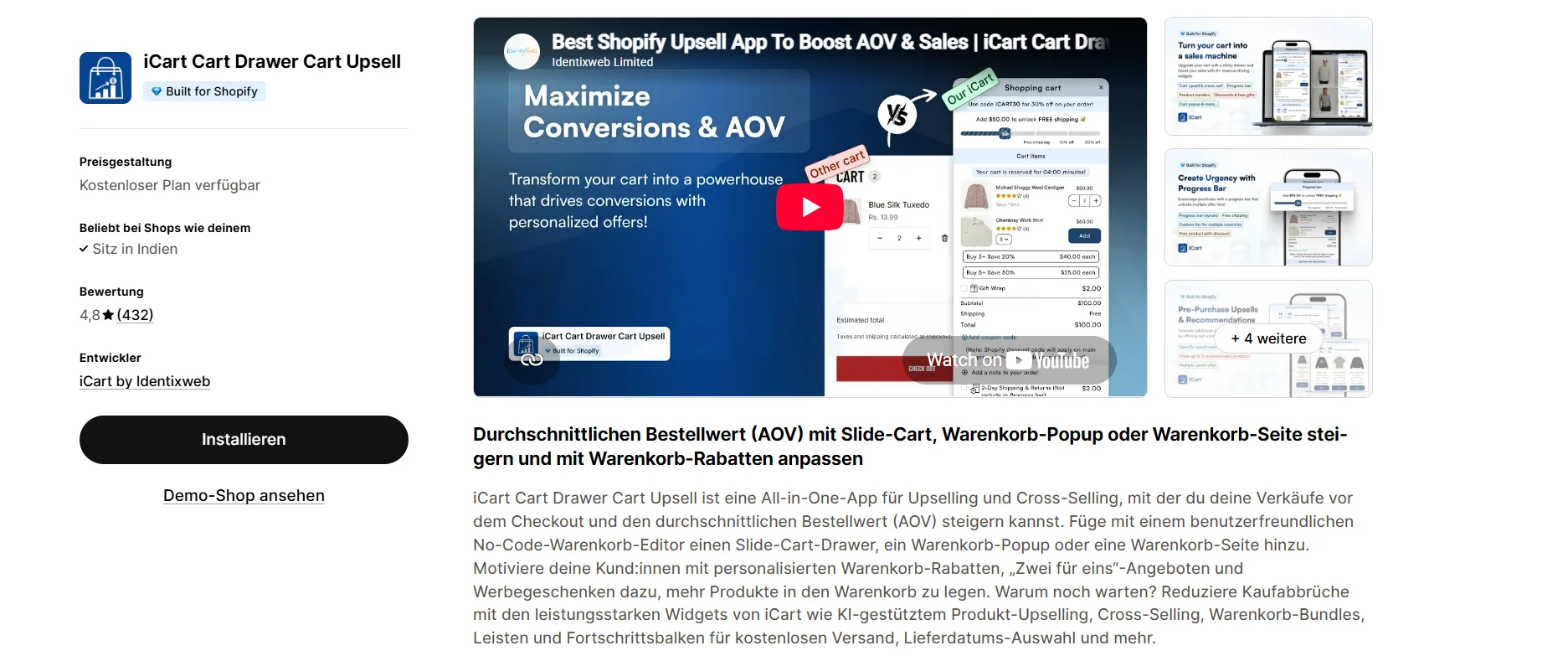 iCart cart drawer upsell app listing on the Shopify App Store