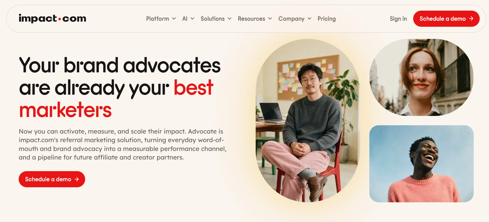 impact.com Advocate homepage describing its referral marketing solution for brand advocates