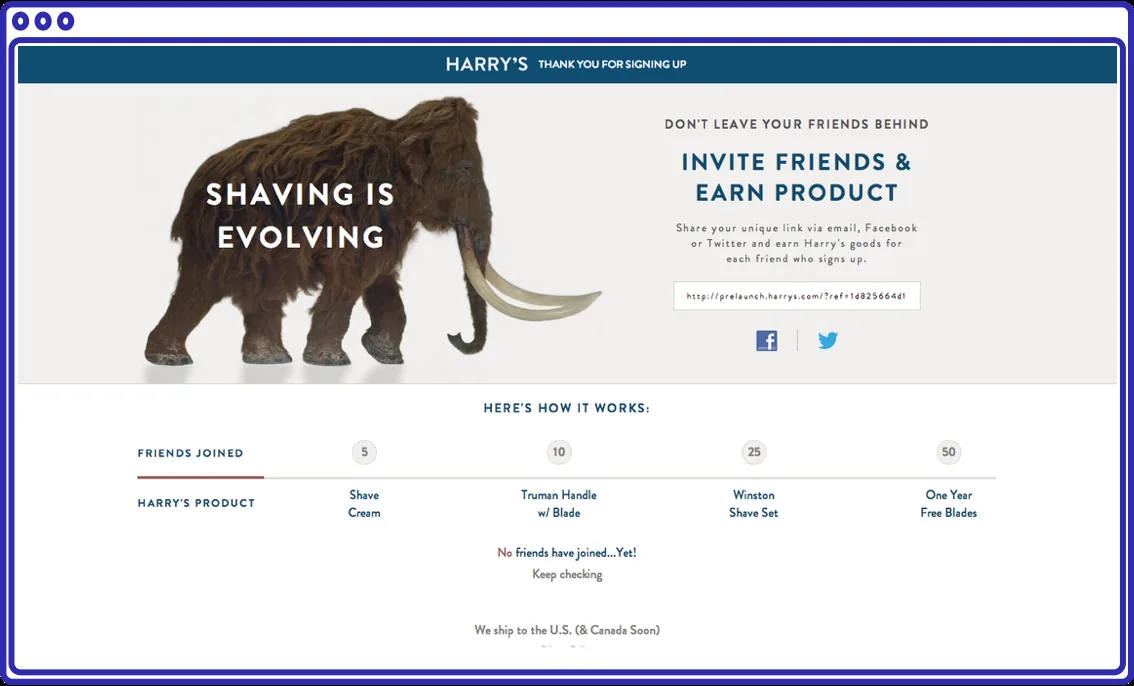 Harry's prelaunch referral incentive marketing example with a reward ladder of free products at 5, 10, 25, and 50 friend signups