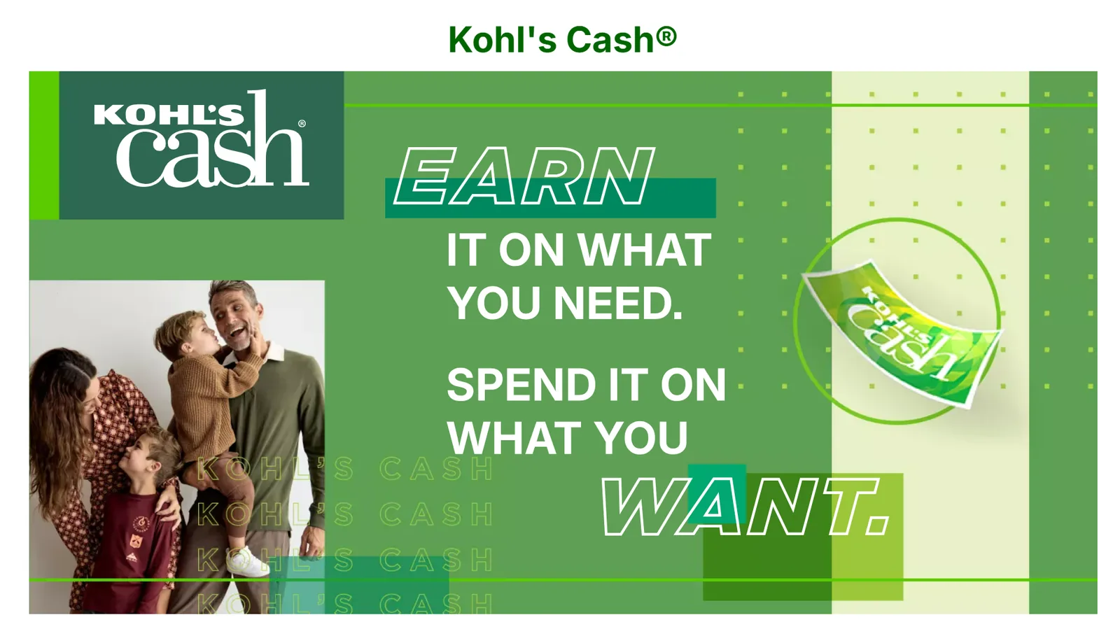Kohl's Cash incentive marketing example, a banner reading earn it on what you need, spend it on what you want