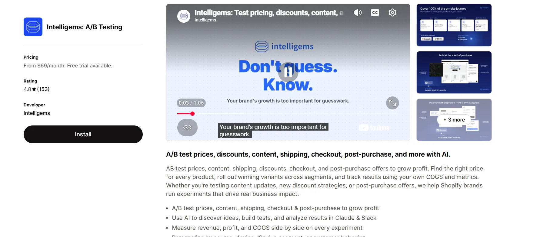 Intelligems A/B testing app listing on the Shopify App Store