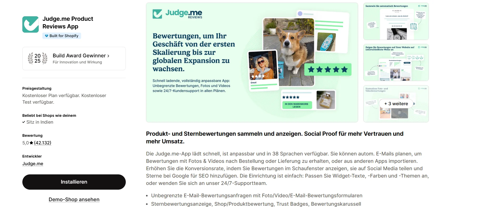Judge.me product reviews app listing on the Shopify App Store