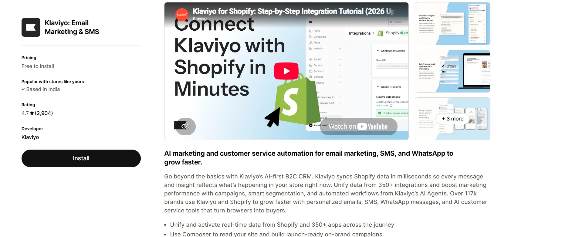 Klaviyo email and SMS marketing app listing on the Shopify App Store