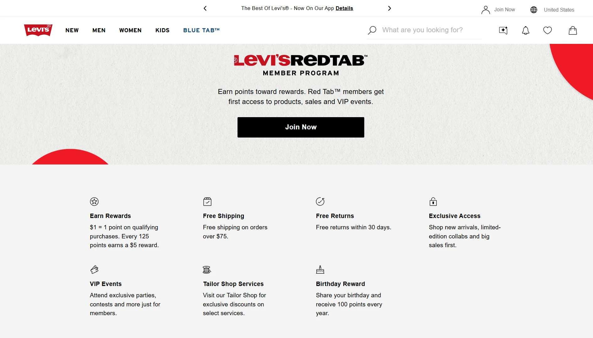 Levi's Red Tab loyalty program page showing earn points, early access, and free shipping member benefits