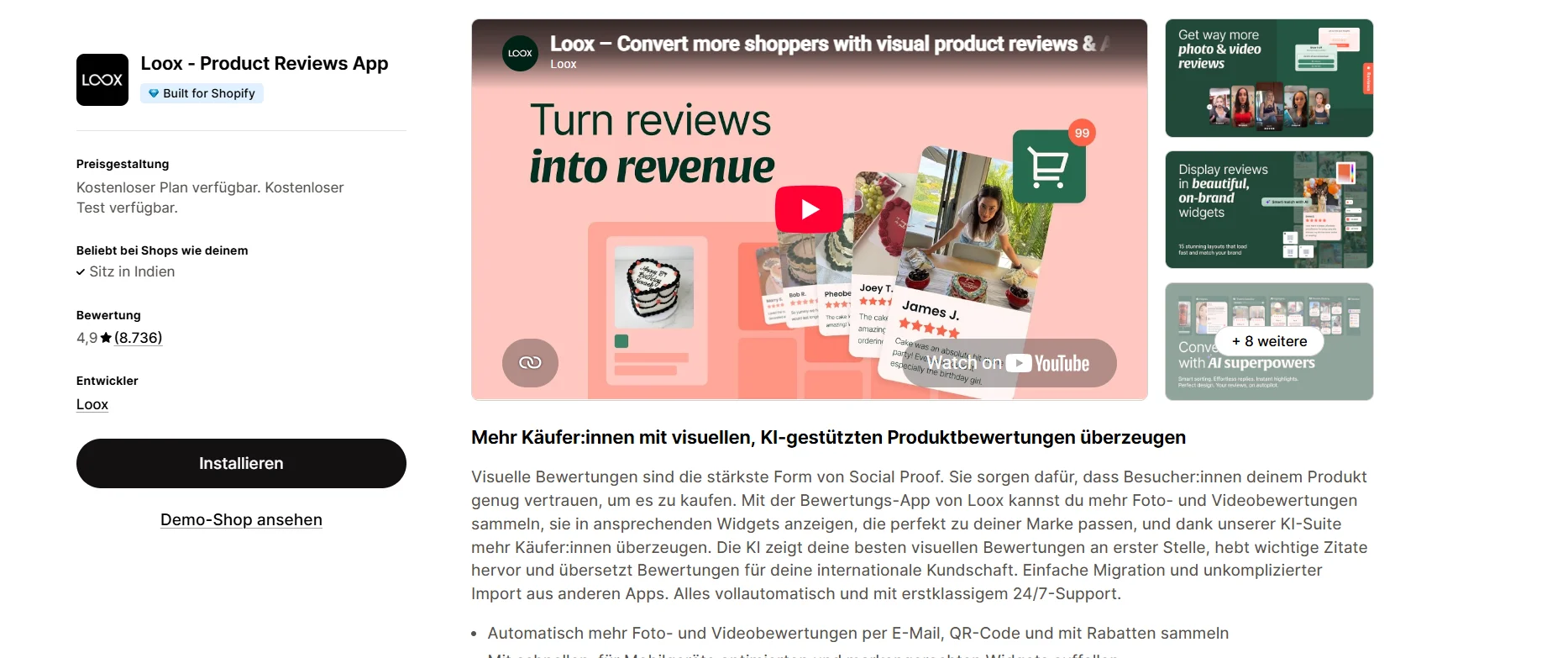 Loox product reviews app listing on the Shopify App Store
