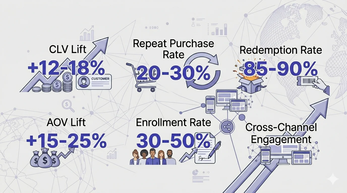 Loyalty program KPI benchmarks: CLV lift, repeat purchase rate, redemption rate, AOV lift, enrollment rate