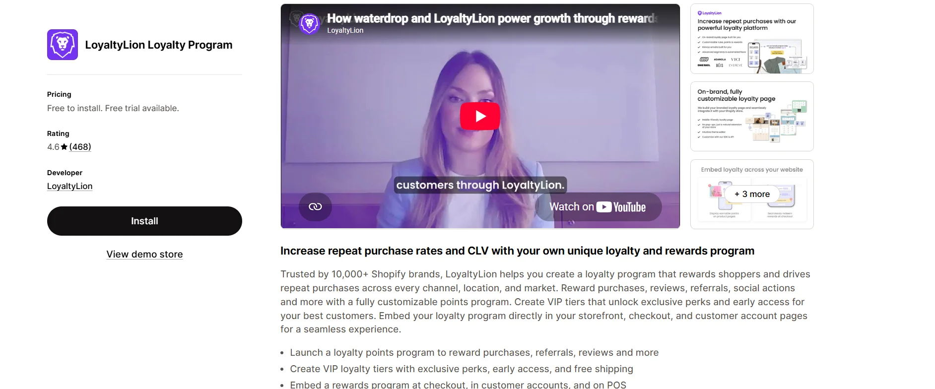 LoyaltyLion loyalty app listing on the Shopify App Store
