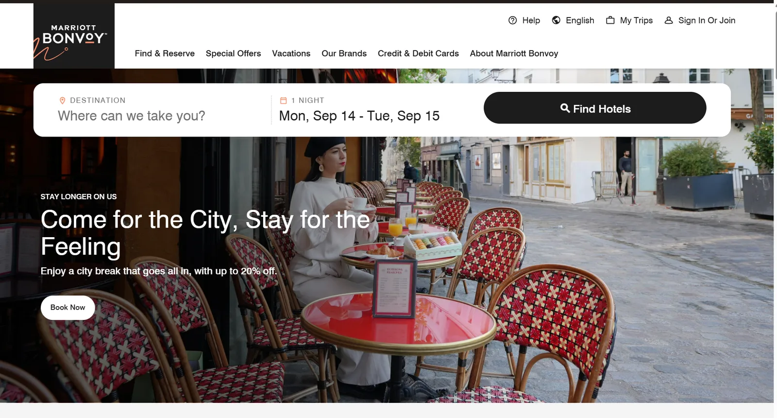 Marriott Bonvoy homepage showing its unified loyalty program across hotel brands