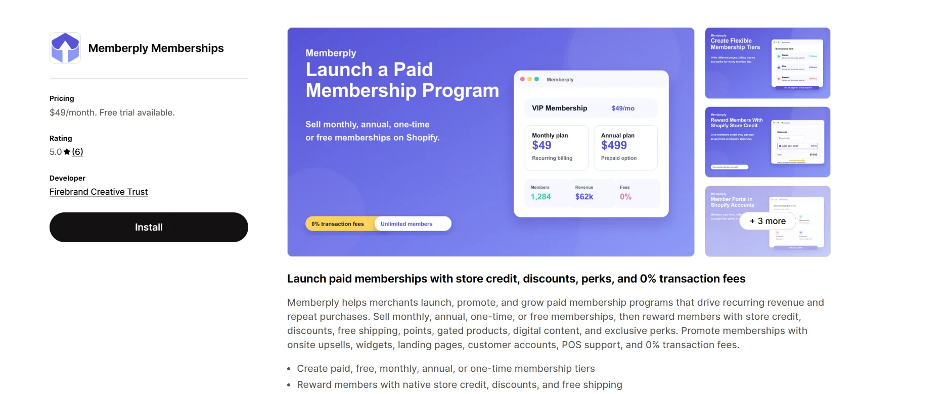 Memberply Memberships Shopify App Store listing