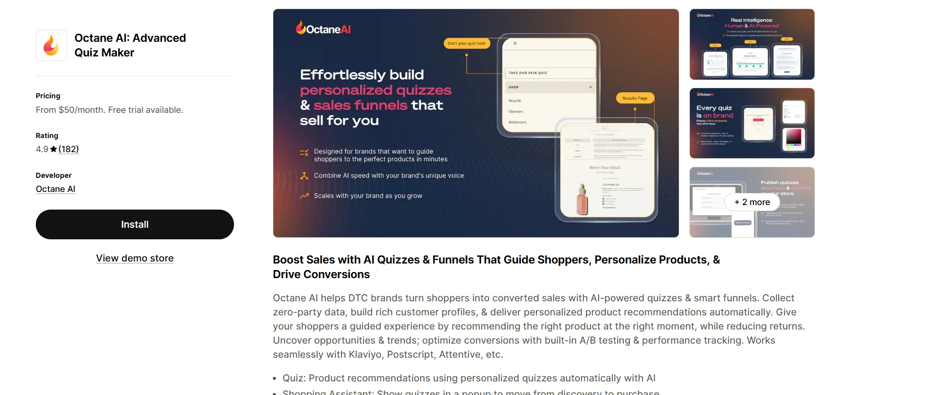 Octane AI quiz maker app listing on the Shopify App Store