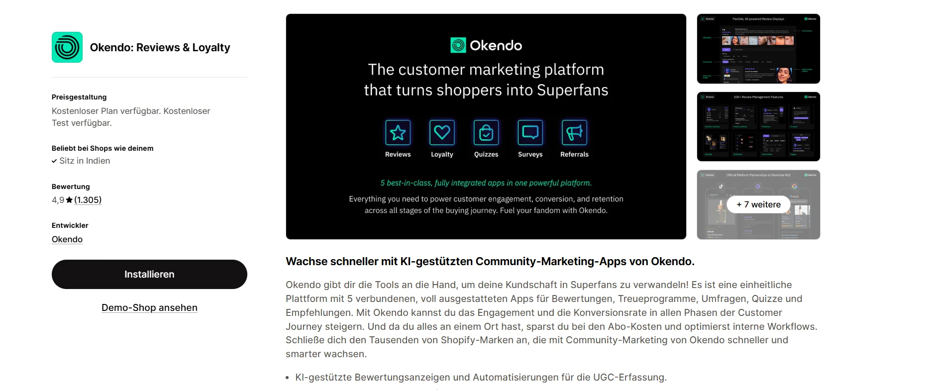 Okendo reviews and loyalty app listing on the Shopify App Store