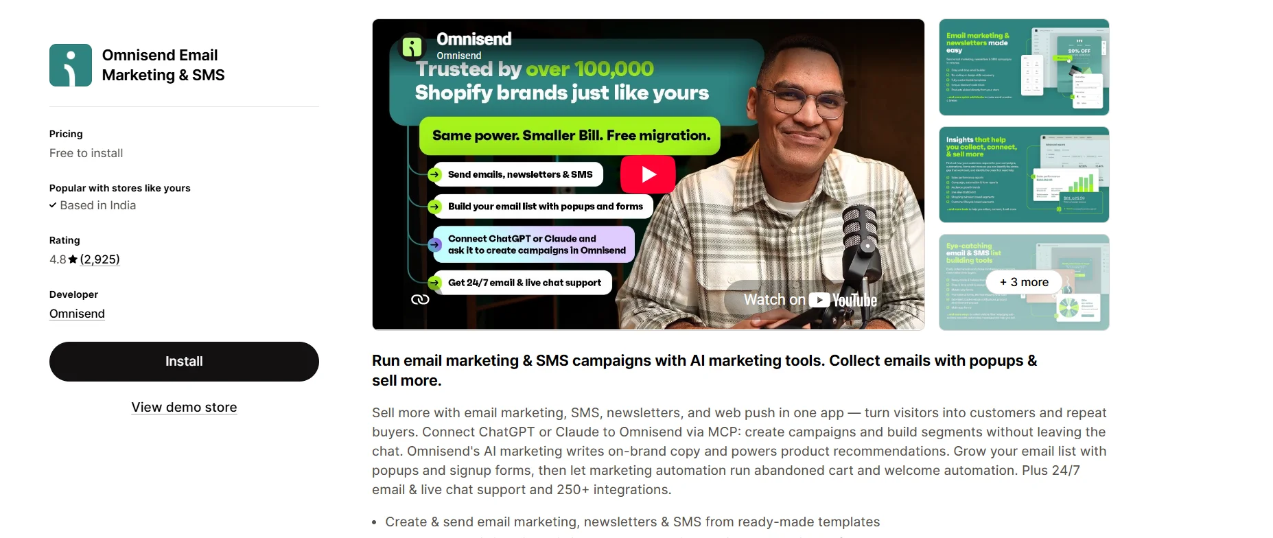 Omnisend email and SMS marketing app listing on the Shopify App Store