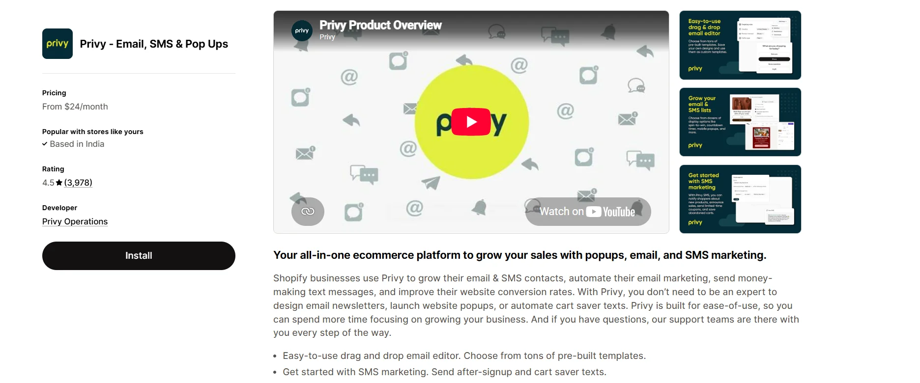 Privy email, SMS, and pop-ups app listing on the Shopify App Store
