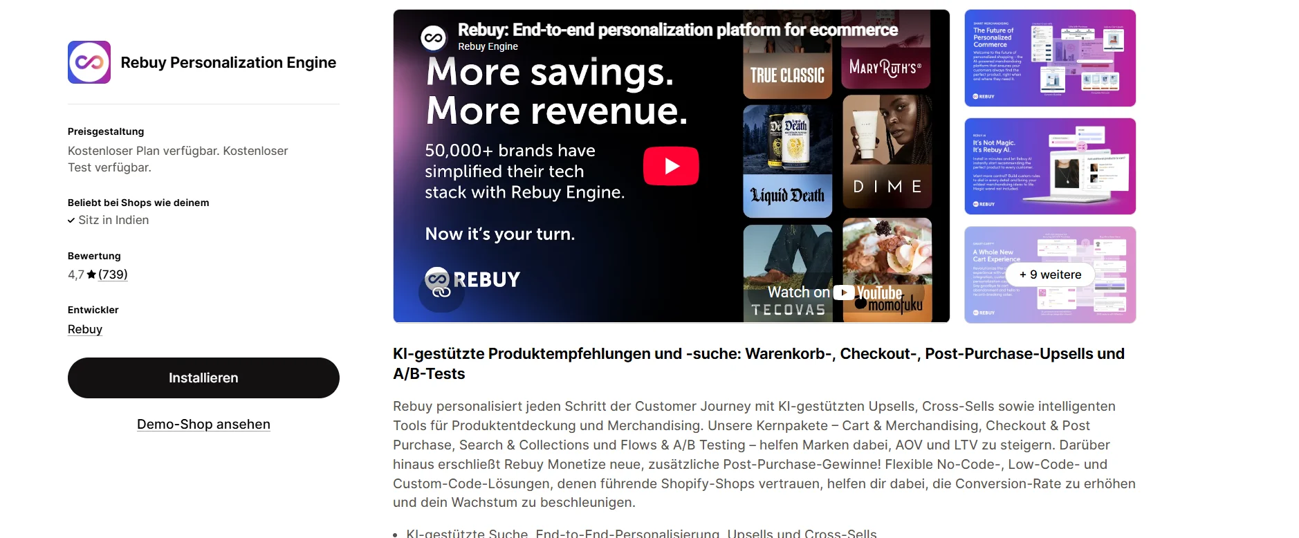 Rebuy Personalization Engine app listing on the Shopify App Store