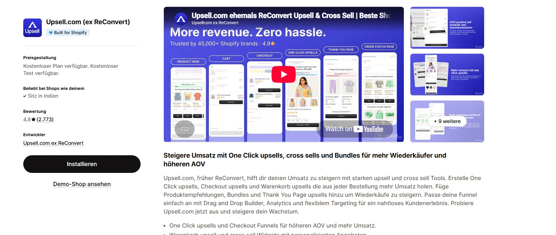 ReConvert (now Upsell.com) post-purchase upsell app listing on the Shopify App Store