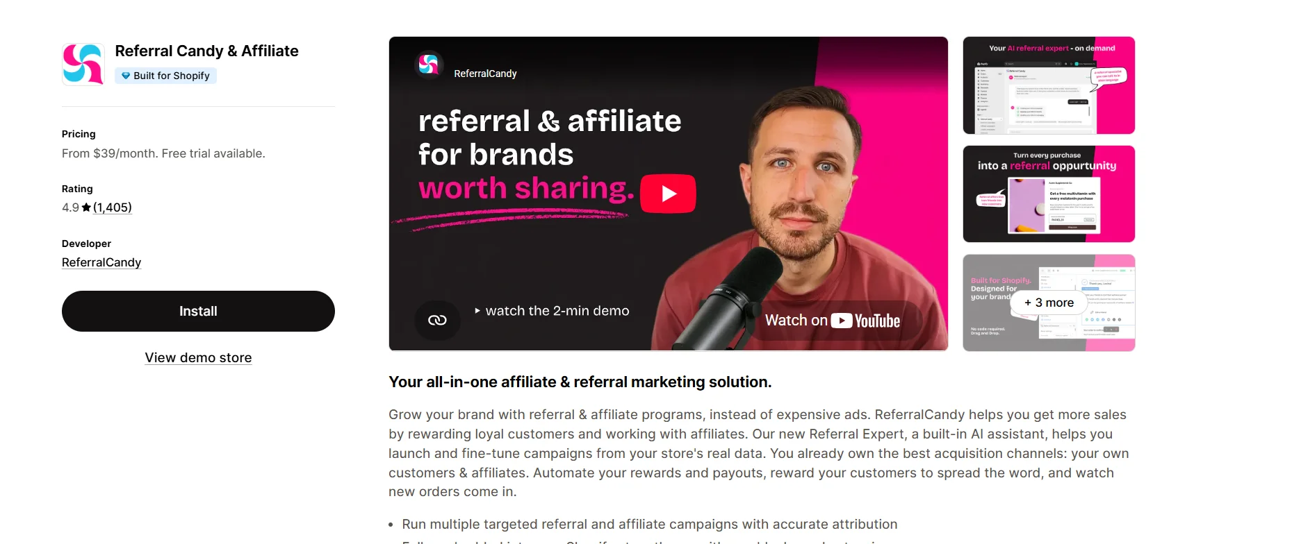 ReferralCandy referral app listing on the Shopify App Store