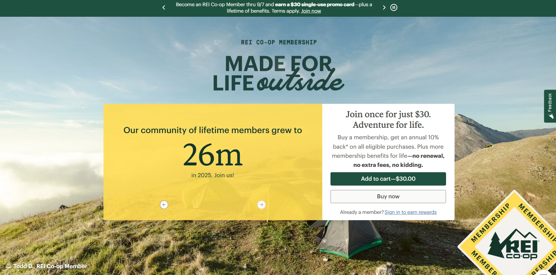 REI Co-op Membership page showing 30 dollar one-time fee, 10 percent annual dividend, and 22 million lifetime members