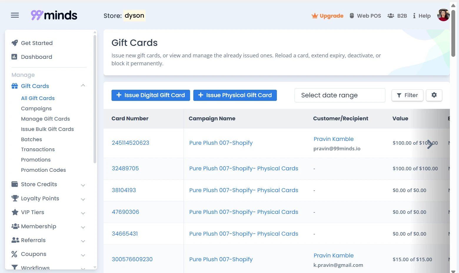 99minds Gift Cards dashboard showing issued cards, campaign names, and balances