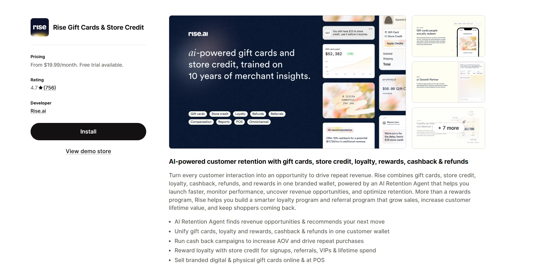 Rise Gift Cards and Store Credit app listing on the Shopify App Store