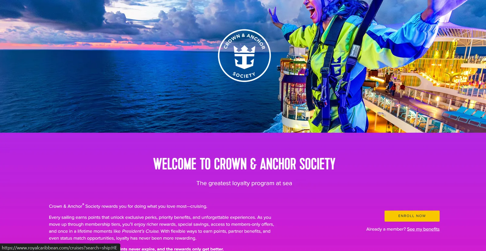 Royal Caribbean's Crown & Anchor Society enrollment page welcoming cruisers to its loyalty program