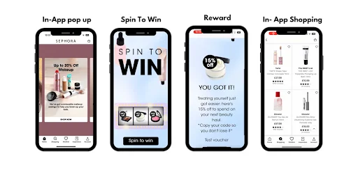 Sephora app spin-to-win flow showing an in-app pop-up, a spin wheel, a 15% off reward, and in-app shopping
