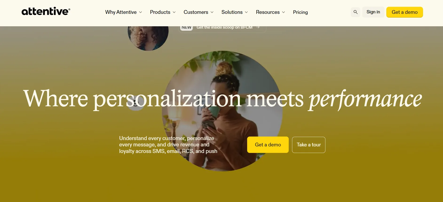 Attentive homepage promoting personalized marketing across SMS, email, RCS, and push