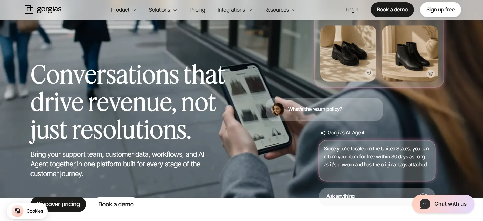 Gorgias homepage showing its AI Agent answering a return policy question for a shopper