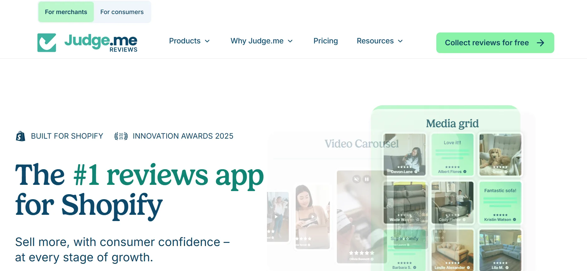 Judge.me homepage presenting its product reviews app for Shopify with a photo and video review grid