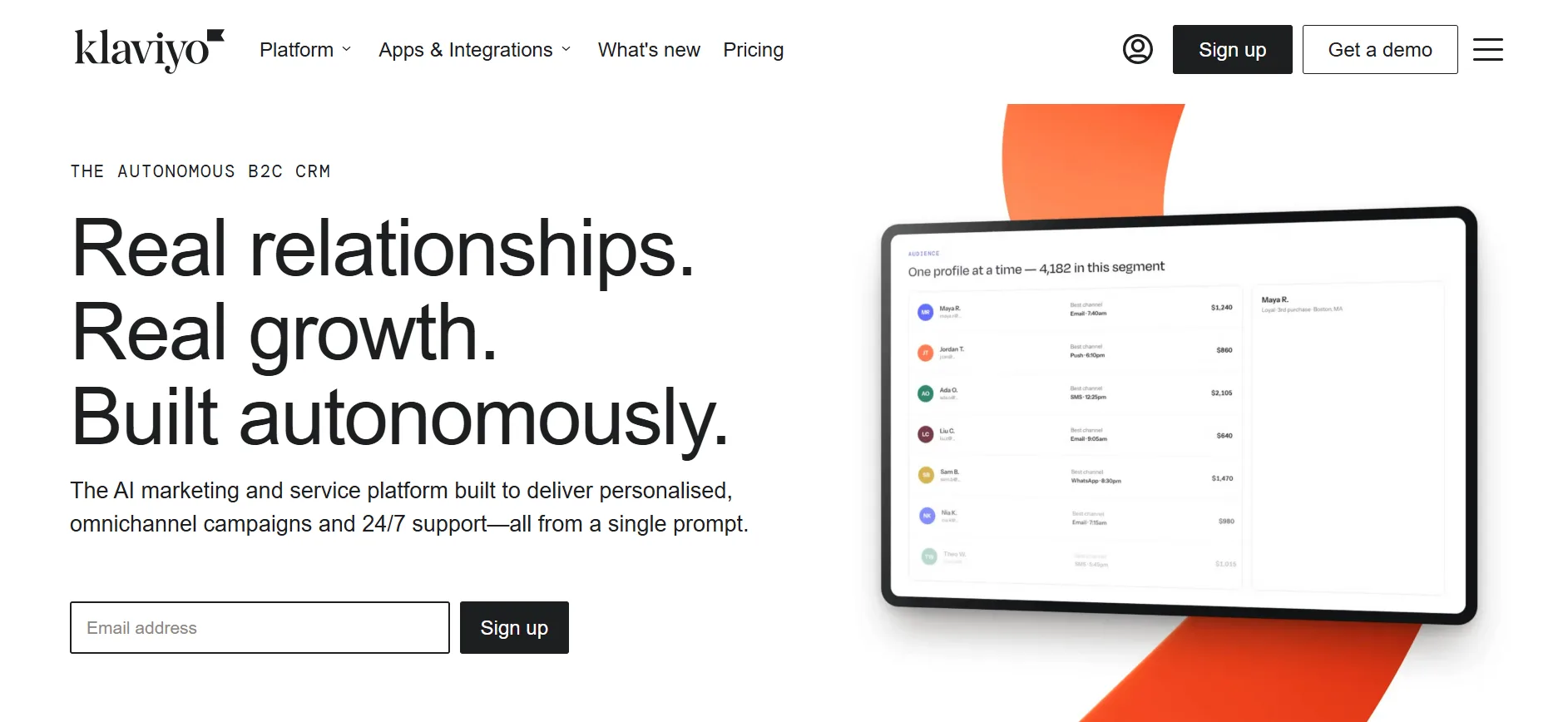 Klaviyo homepage showing its B2C CRM and customer segment dashboard