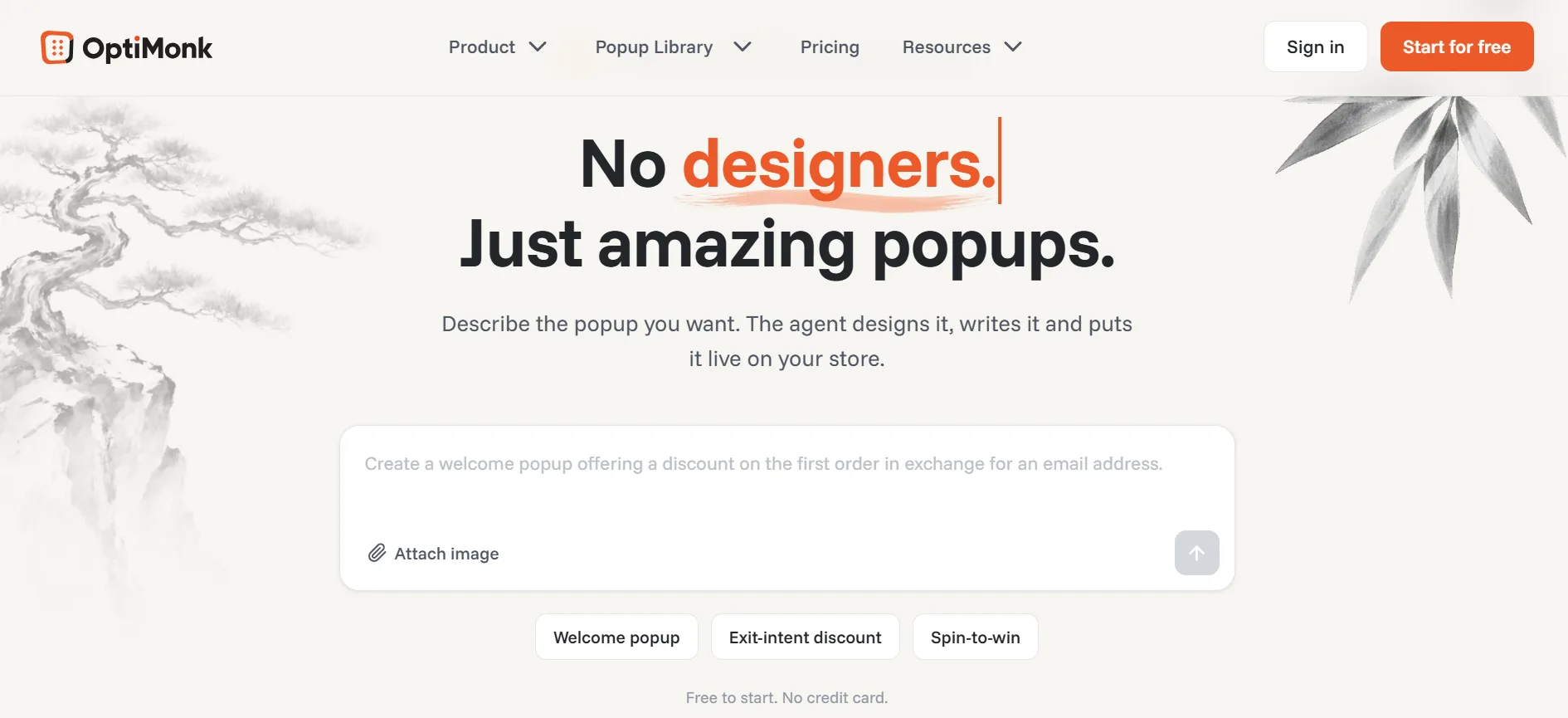 OptiMonk homepage with an AI agent that designs popups such as welcome, exit-intent, and spin-to-win offers