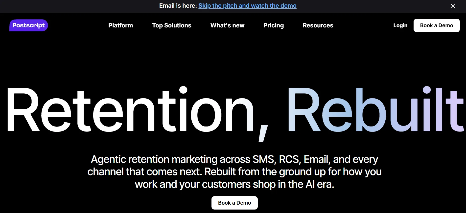 Postscript homepage describing retention marketing across SMS, RCS, and email