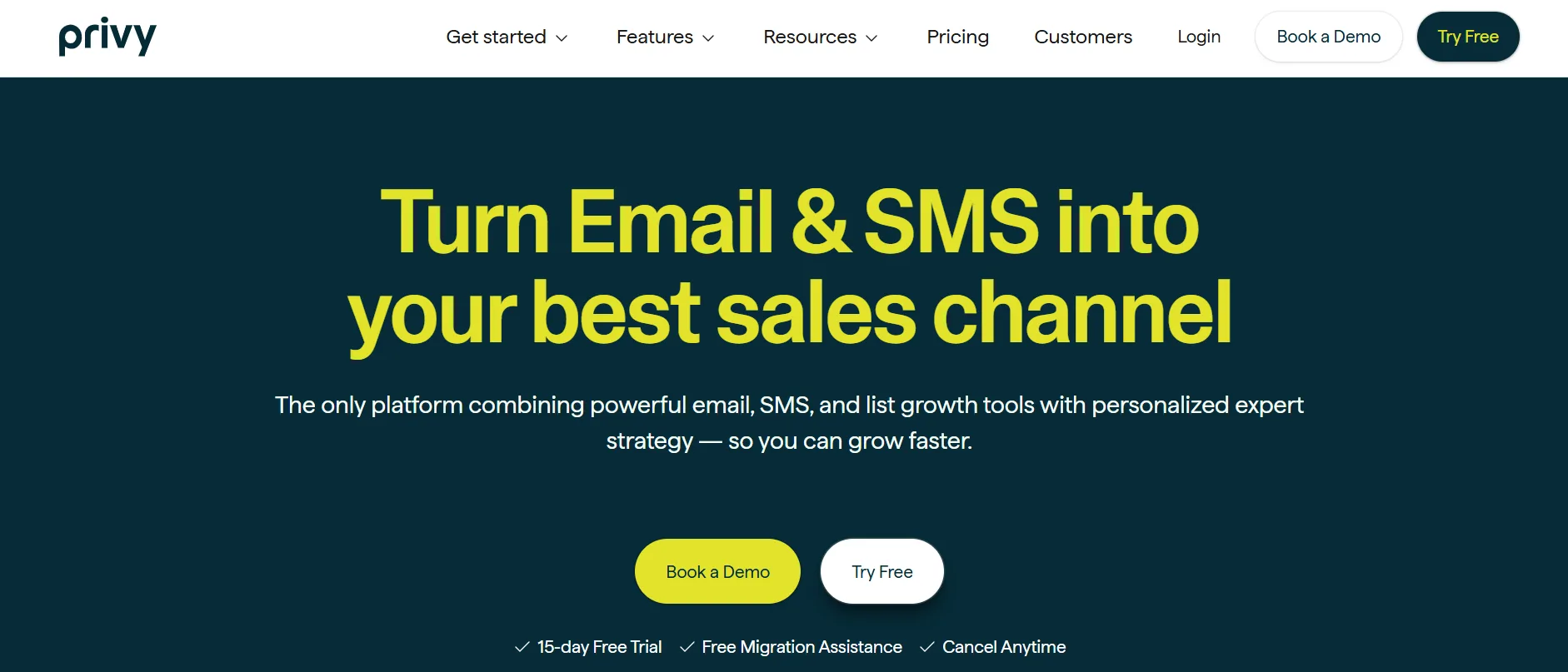 Privy homepage promoting email, SMS, and list growth tools with a 15-day free trial