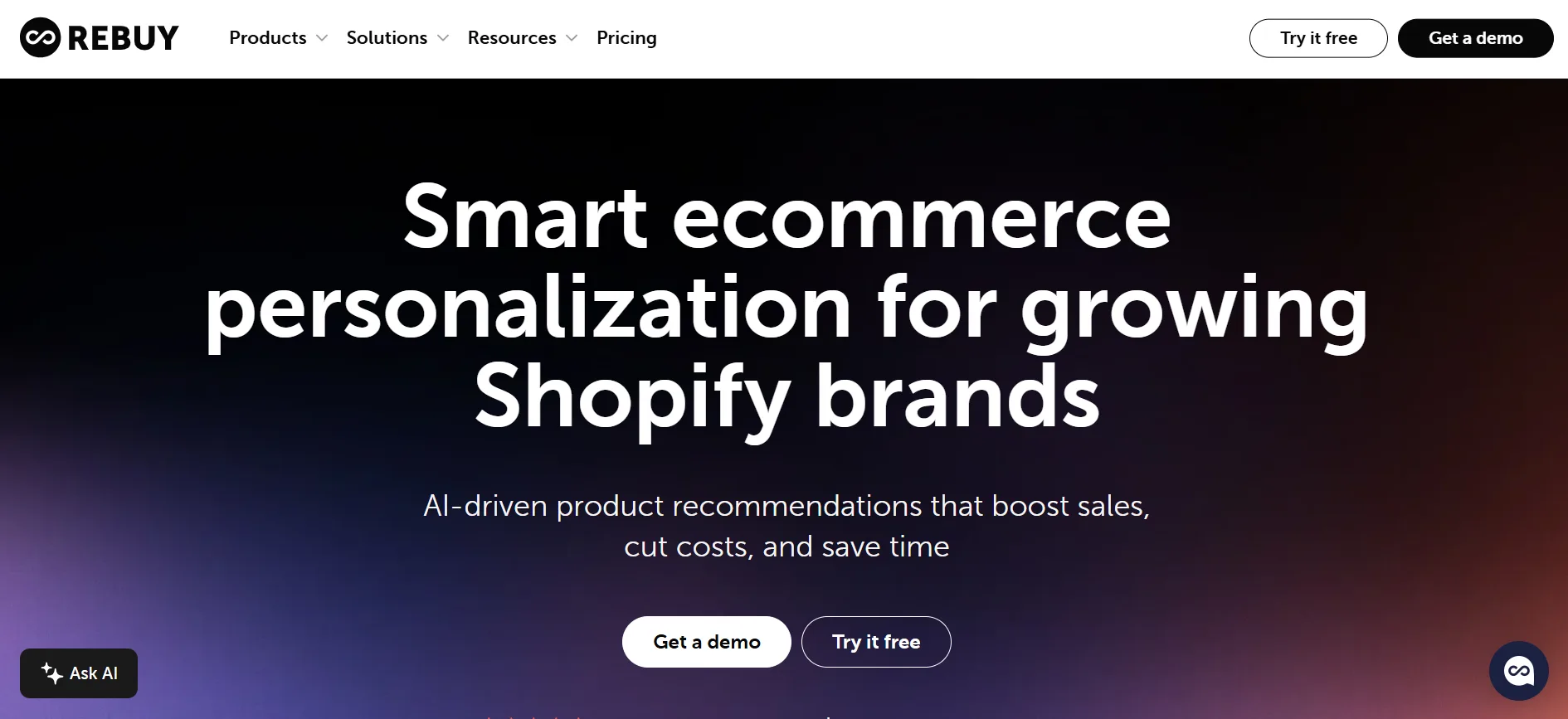 Rebuy homepage offering AI-driven product recommendations for Shopify brands
