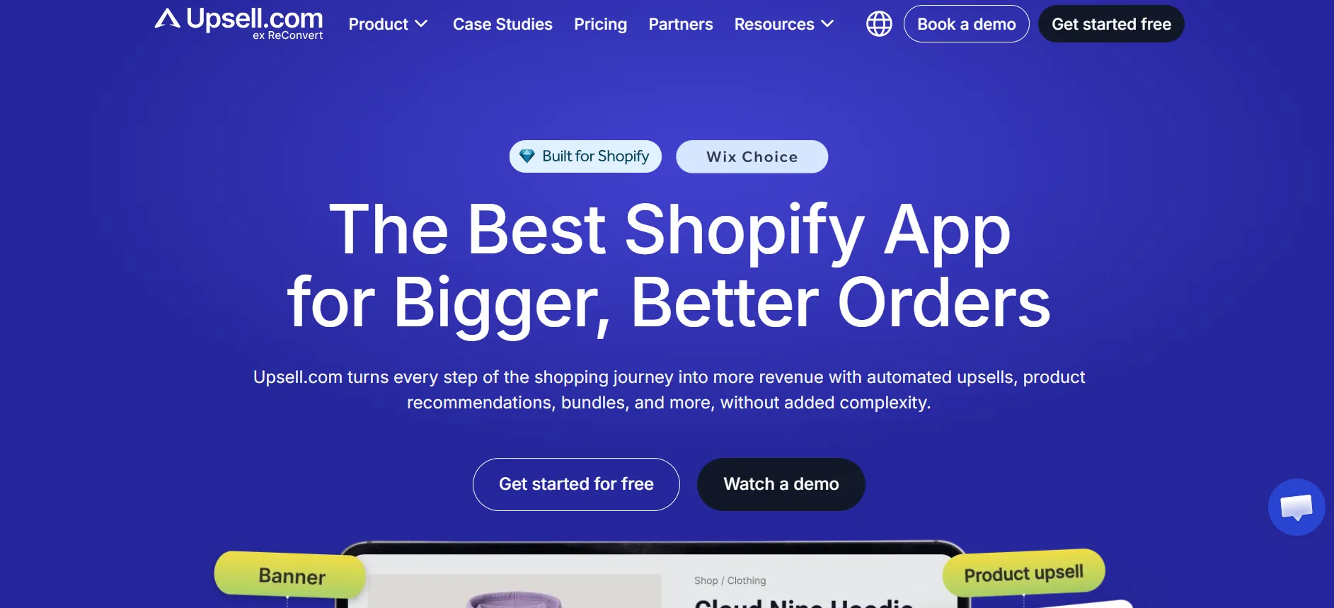 Upsell.com, formerly ReConvert, homepage promoting automated upsells and product recommendations for Shopify