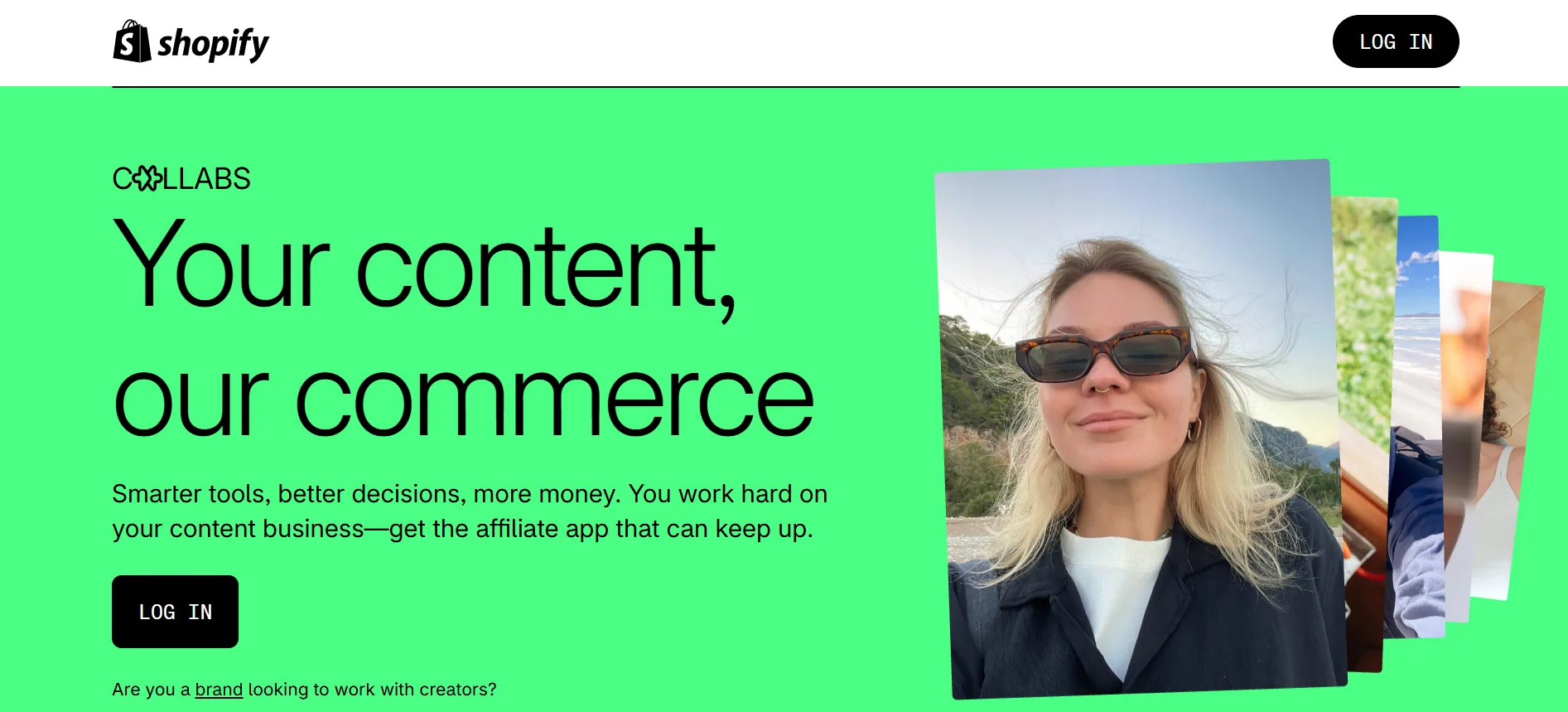 Shopify Collabs page for creators running affiliate partnerships with Shopify brands