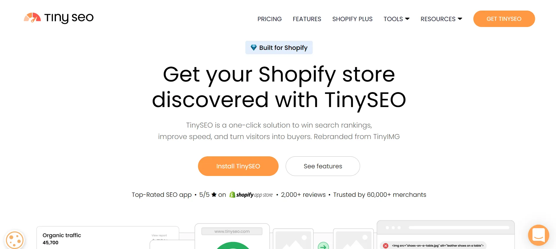TinySEO, rebranded from TinyIMG, homepage promoting SEO and speed optimization for Shopify stores