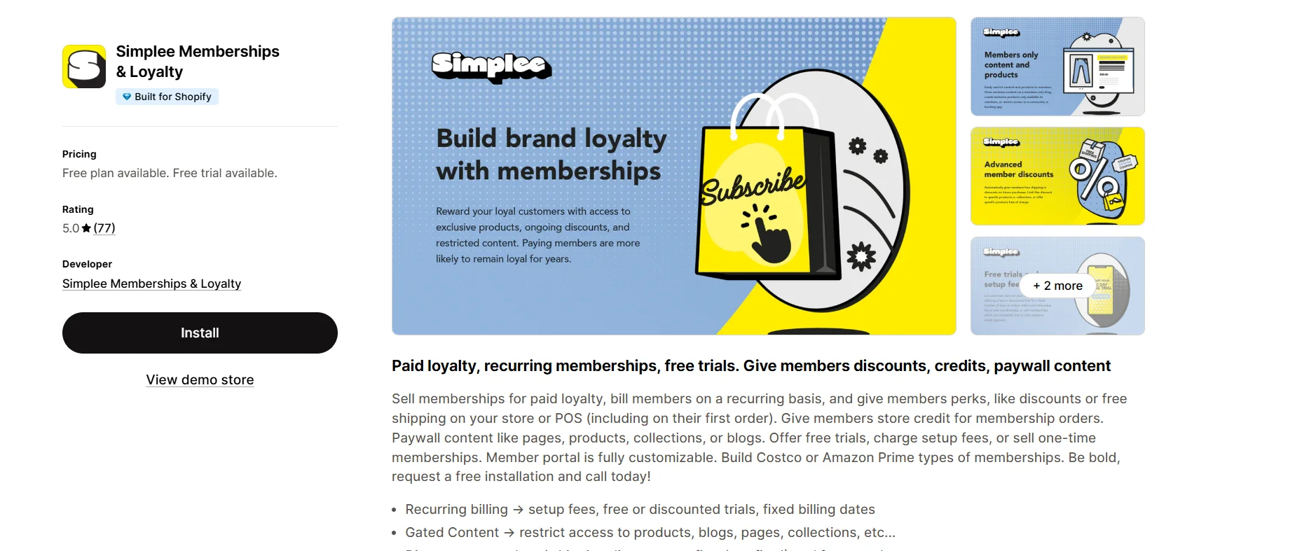 Simplee Memberships & Loyalty Shopify App Store listing