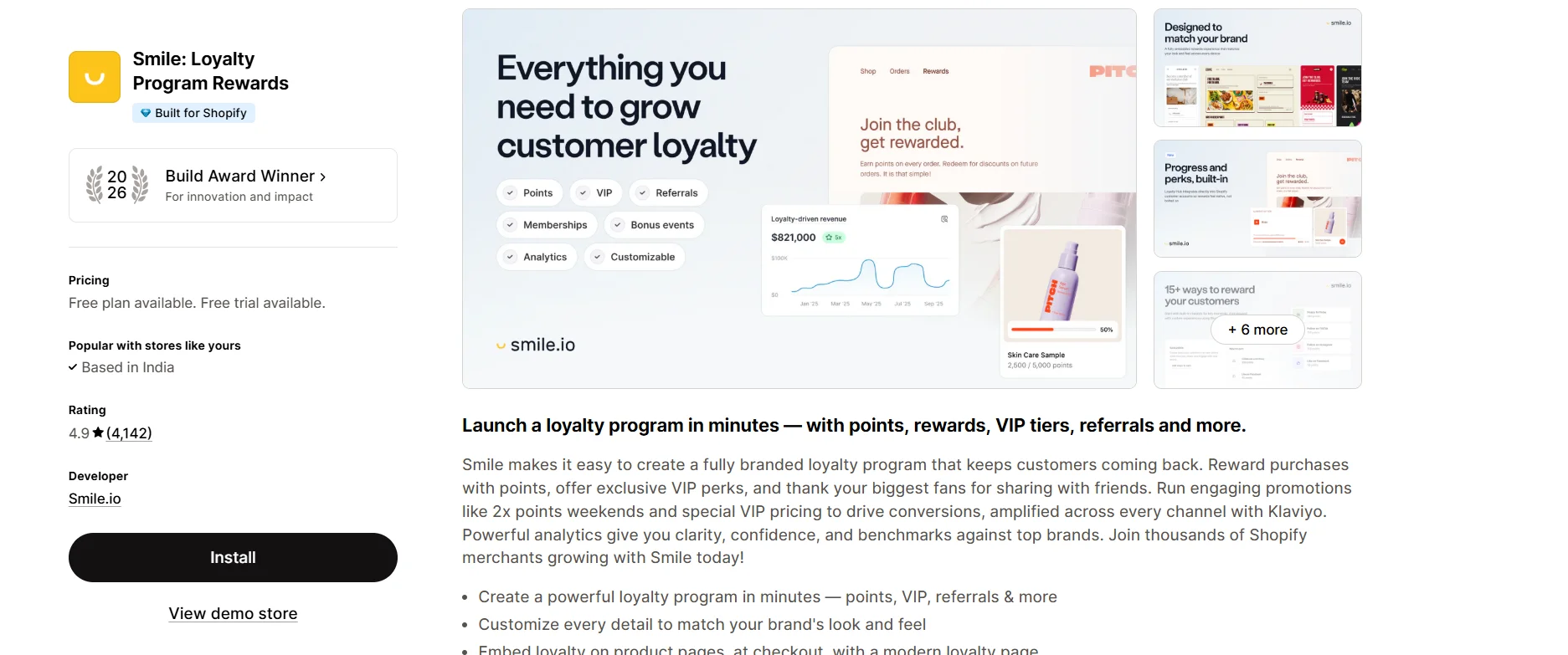 Smile.io loyalty app listing on the Shopify App Store
