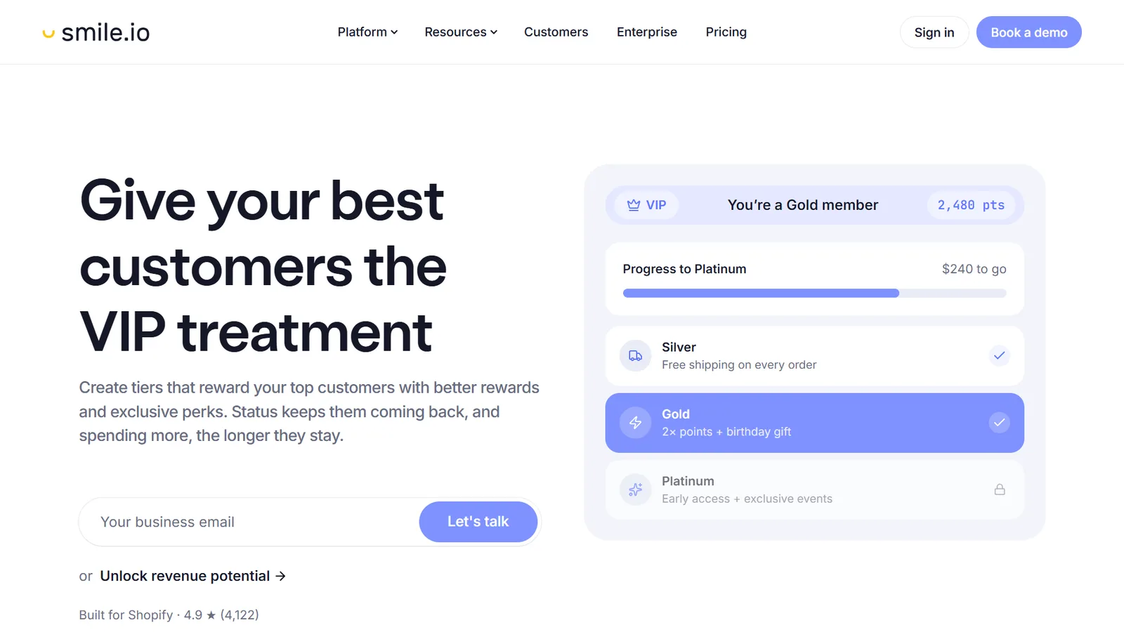 Smile.io loyalty and VIP tiers homepage
