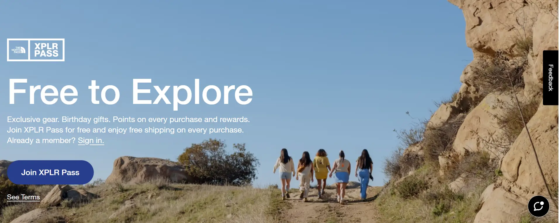 The North Face XPLR Pass loyalty program promoting free membership and rewards.