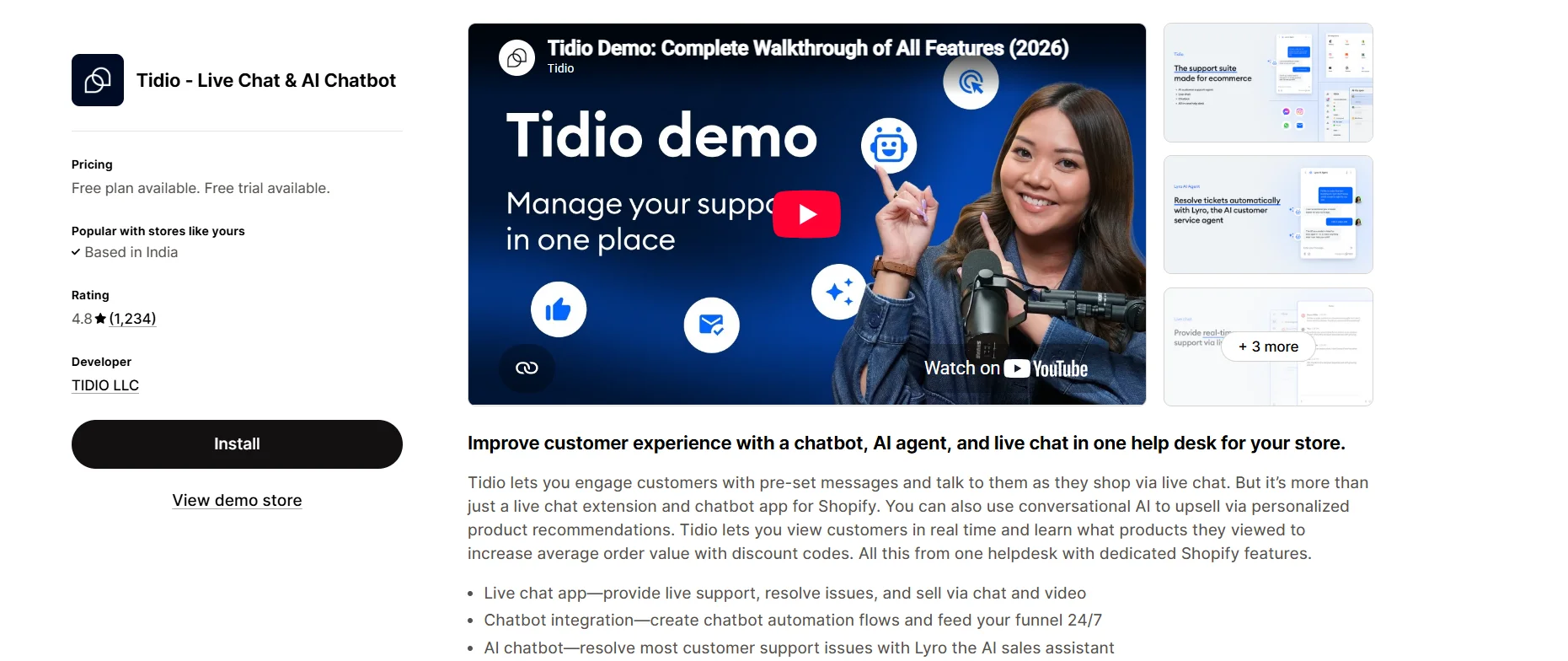 Tidio live chat and AI chatbot app listing on the Shopify App Store