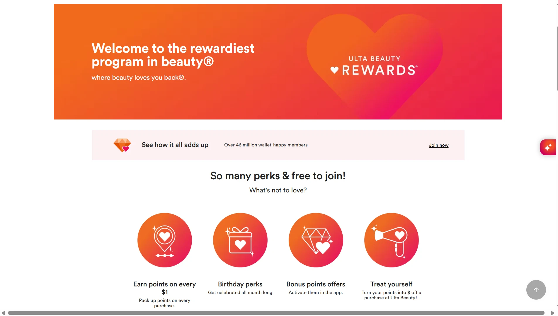 Ulta Beauty Rewards program page showing three membership tiers: Member, Platinum, and Diamond with benefits at each level
