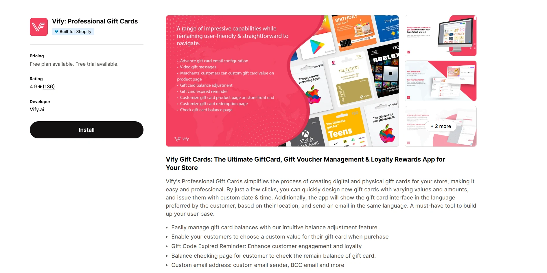 Vify Professional Gift Cards app listing on the Shopify App Store